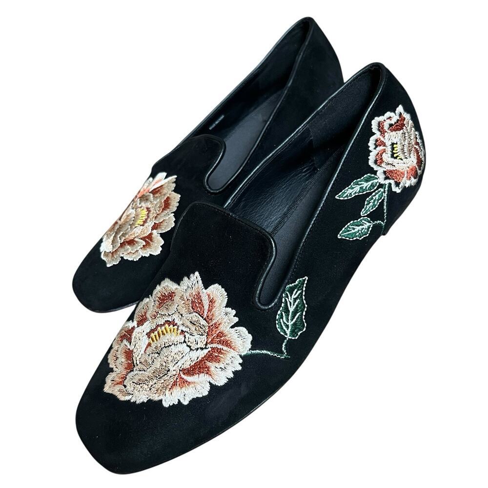 Natori Women's Black Edda Suede Embroidered Floral Loafers Size 9.5 Slip On - Picture 7 of 12
